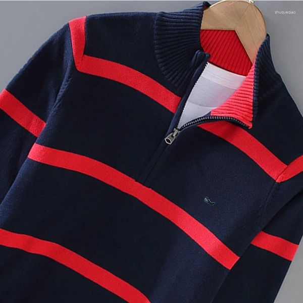 Мужские свитера, хлопковый свитер, одежда, осенне-зимний полосатый пуловер, повседневный топ с воротником-стойкой на молнии, 8502
