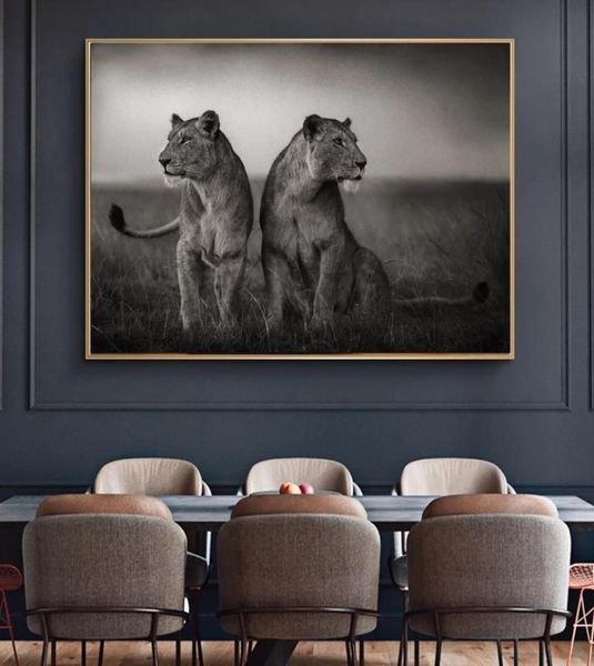 Leone africano in bianco e nero Animali selvatici Poster e stampe Paesaggio Tela Pittura Arte Natura Immagine da parete per soggiorno4985687