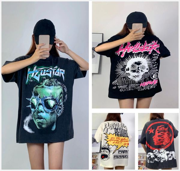 Hellstar T Shirt Designer Camisetas Homens Gráfico Tee Roupas Roupas Hipster Tecido Lavado Street Graffiti Lettering Foil Print Vintage Preto Solto Encaixe Plus Size