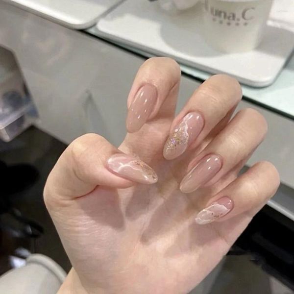 Unhas Falsas Francês Amêndoa Prego Onda Branca Moda Transparente Cor Vestindo Pó Brilhante Remendo À Prova D 'Água