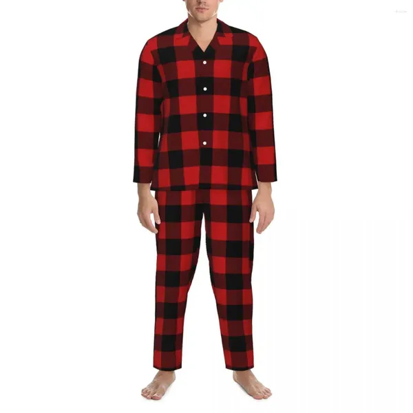 Pijamas masculinos pijamas mens vermelho e preto xadrez lazer checkerboard 2 peças conjunto casual manga longa oversized home terno