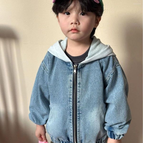 Jacken 2024 Frühling Herbst Kinder Retro Mit Kapuze Langarm Denim Mantel Lose Mädchen Baby Strickjacke Tops Kinder Jungen Baumwolle Casual jacke