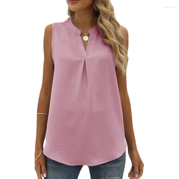 Blusas femininas primavera/verão cor sólida chiffon camisa solta com decote em v pulôver sem mangas regata