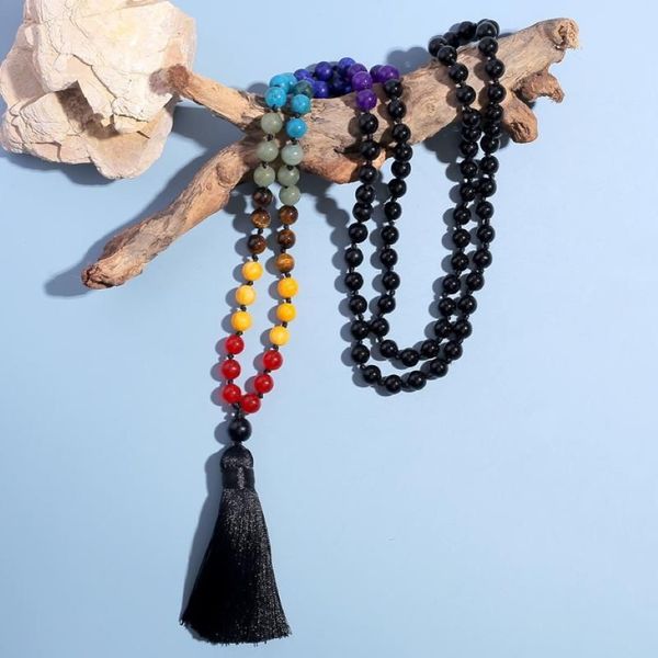 Colares Pingente Showboho 108 Mala Beads 7 Chakra Colar 8mm Preto Onyx Atado Meditação Yoga Oração Rosário para Homens e Mulheres241P