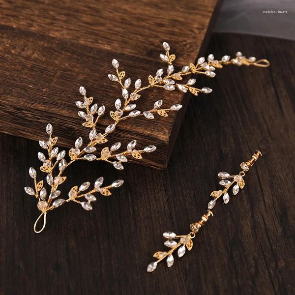 Haarspangen Vintage Gold Farbe Stirnbänder mit Ohrringen Sets Hochzeit Schmuck Kristall Blatt Platte Haarbänder Tiara Braut Kopfschmuck