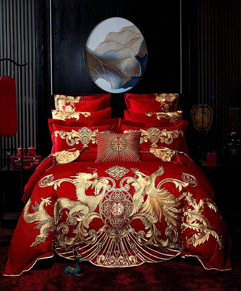 Novo vermelho de luxo ouro phoenix loong bordado casamento chinês 100 algodão conjunto cama capa edredão folha colcha fronhas t2879030