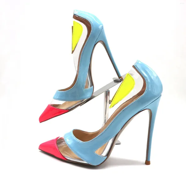 Sapatos de vestido misturado azul rosa amarelo pvc claro salto alto raso recorte retalhos mulheres apontou toe saltos transparentes bombas