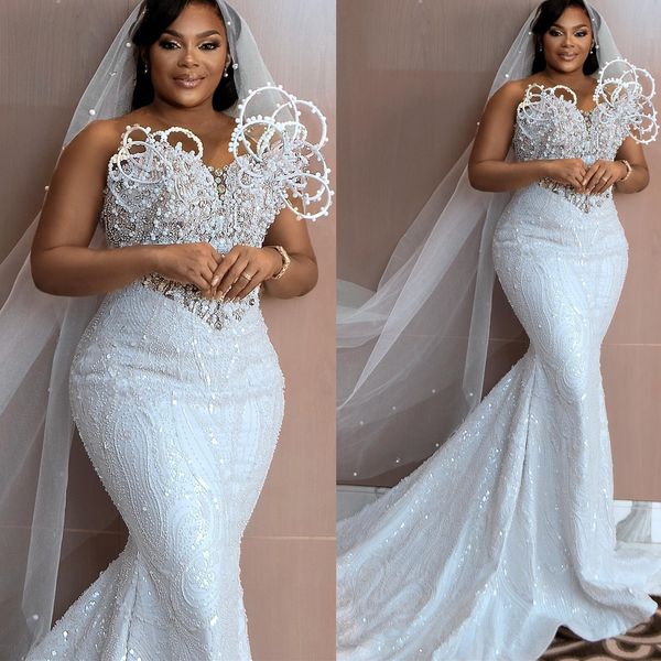 Arabisch ASO EBI Plus Size White Sheer Hals Hochzeitskleid Perlen Pailletten Spitze Stylische Brautkleider Kleider ZJ