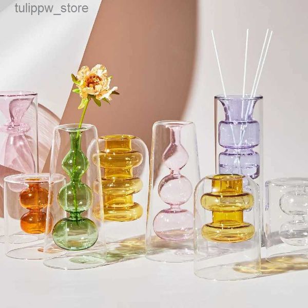 Vasos nórdico criativo vaso de vidro colorido ornamentos criativo hidropônico transparente flor secador casa sala estar decoração l240309