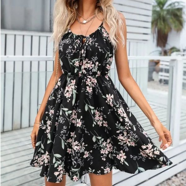 Vestido 2023 feminino verão elegante sem mangas pulôver impressão cintura elástica vestido cinta vestidos curtos floral estilo de férias vesitdos mujer