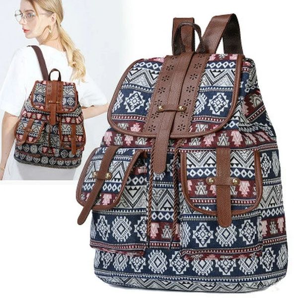 Estilo étnico padrão mochila lona bolsa feminina moda personalizada alça de viagem pequenas mochilas escolares 240309