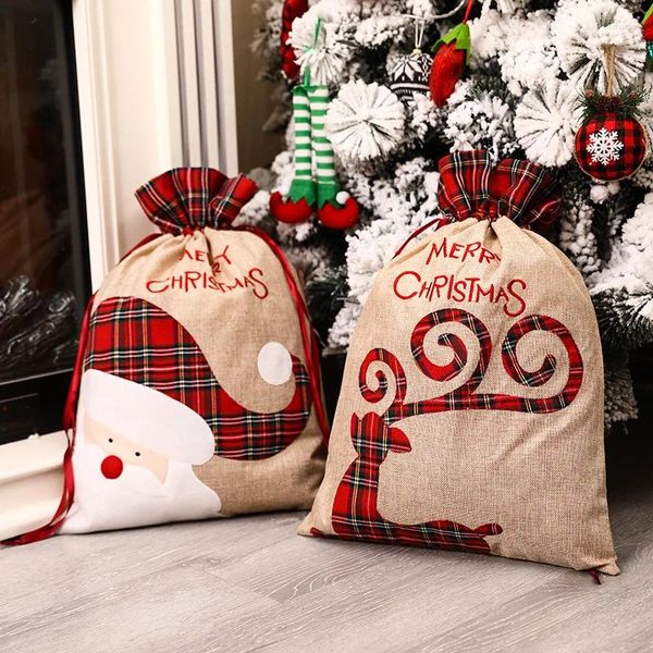 Рождественские украшения, большая сумка на шнурке для конфет, подарочные держатели, льняная ткань, вышивка, мешки с изображением лося, сумки Санта-Клауса для дома