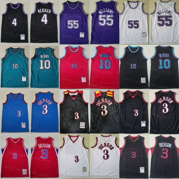 Maglia da basket retrò Michael Mike Bibby Allen Iverson Jason Williams Chris Webber Vintage cucita per gli appassionati di sport Ritorno al passato Traspirante Nero Bianco Rosso