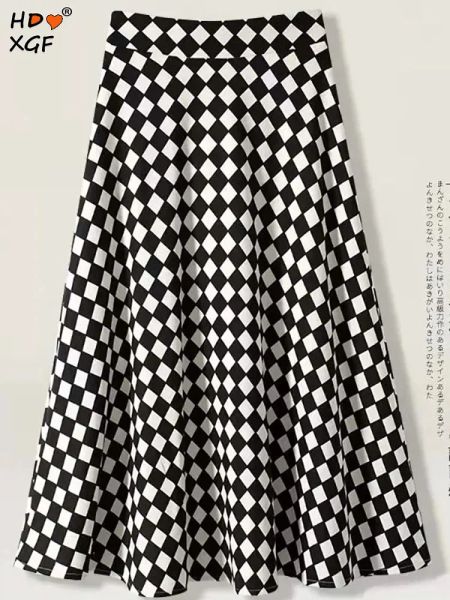 Saia casual preto branco xadrez plus size 5xl saia guarda-chuva feminino elástico de cintura alta aline saia plissada allmatch saias longas