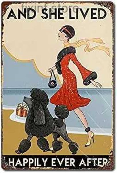 Metallgemälde „Black Poodle Lovers and She Lived Happily“ Coffee Shop Wandkunst Dekor Retro Metallschild Plakette Poster Café Wandkunst Geschenk T240309