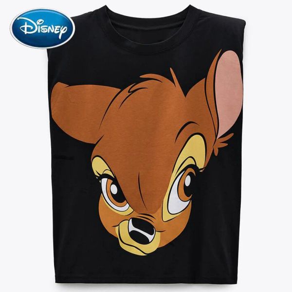 T-Shirt T-shirt Vintage Ärmel Schulter Pad Bambi Deer Cartoon Druck Haruku Frauen T-shirt Oneck Chic Baumwolle T Top Weibliche