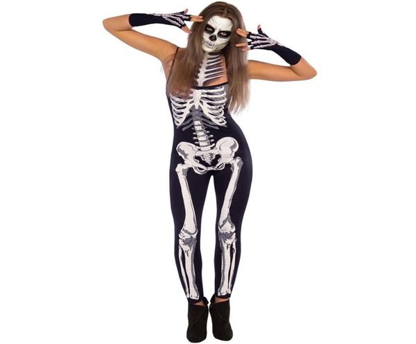 2018 Sexy Macacão de Halloween Mulheres Festa Cosplay Esqueleto Playsuit Crânio Impresso Strappy Bodysuits Macacão Traje Zumbi Black1382986