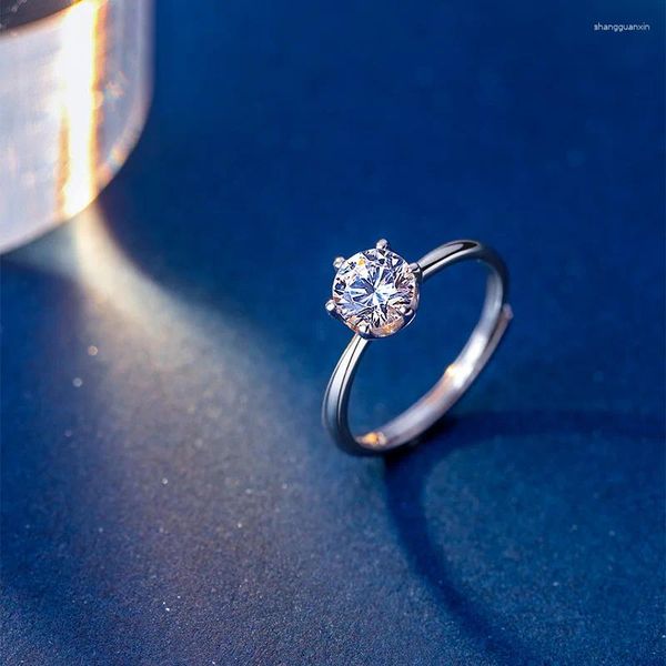 Cluster Ringe 925 Sterling Silber Glänzender einzelner Zirkon Ring Zirkonia Sechs Finger für Frauen Liebhaber Dame Hochzeitsgeschenk