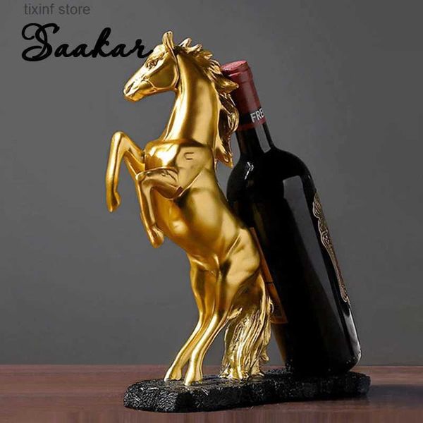 Estatuetas de objetos decorativos SAAKAR Resina Golden Warhorse Wine Rack Estatuetas Suporte de garrafa de cavalo Armazenamento Decoração Coleção de acessórios Home Interior Item T2