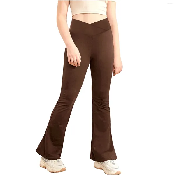 Calças crianças meninas leggings yoga fitness dança moda cor sólida cintura alta queimado calças casuais das crianças bell-bottomed