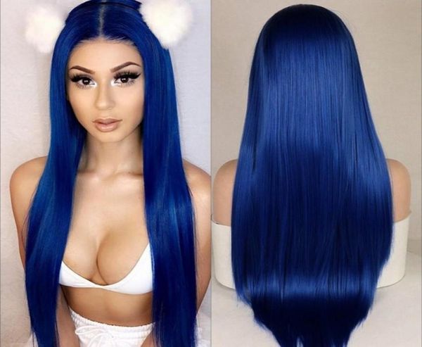 Longo cabelo reto peruca dianteira do laço sintético cor azul parte do meio pré arrancado perucas sem cola para preto women5841080