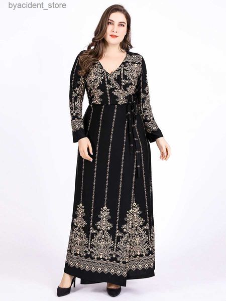 Urban Sexy Dresses 2023 Herbst Winter Wickelkleid Frau Langarm Retro Druck Maxi Lange Dubai Abaya Muslimisches Kleid Plus Size Islamische Kleidung L240309