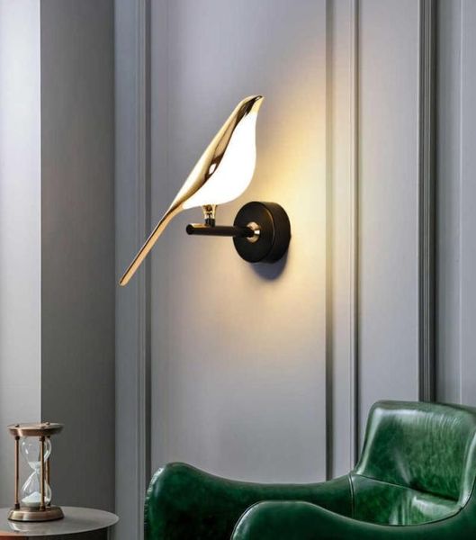 Criatividade pós-moderna chapeamento de ouro pássaro led lâmpadas de parede corredor escadas arandela quarto luz designer decoração luminárias 2107248950258