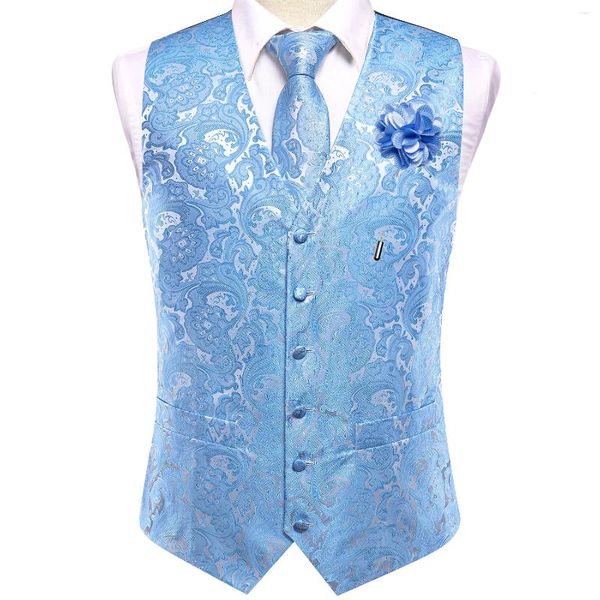 Coletes masculinos Hi-Tie Silk Homens Luz Azul Branco Paisley Colete Pescoço Gravata Hanky Abotoaduras Broche Conjunto para Terno Festa de Casamento Designer