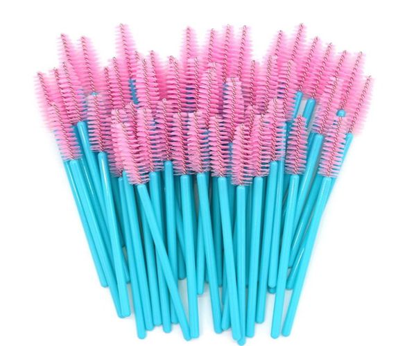 Bacchette per mascara usa e getta Manico blu Pennelli per ciglia con testa rosa 500 pezzi Spazzole per trucco in nylon Strumenti per estensione ciglia6603189