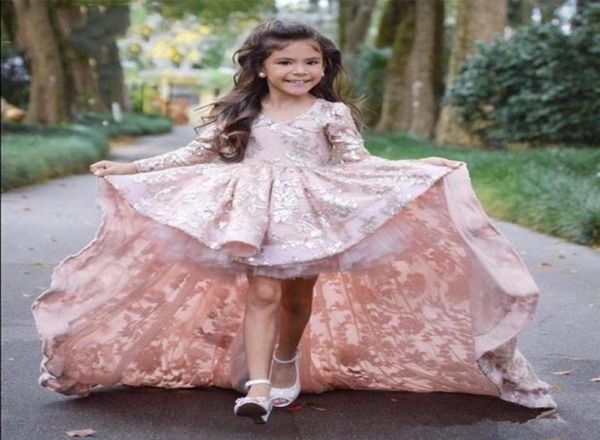 Renda Little Real Po Flower Girl Vestidos com mangas completas Frente Curto Longo Voltar Vestido de Baile Crianças Vestidos de Concurso de Beleza para Litt1641088579