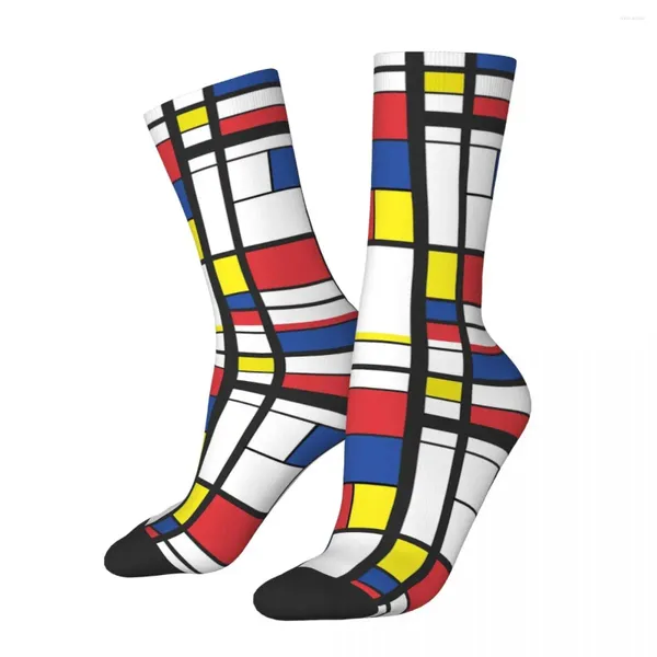 Meias masculinas Estilo Mondrian Reinventado - De Stijl Arte Geométrica Minimalista Unissex Inverno Hip Hop Happy Street Crazy Sock