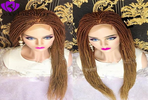 Neue braune Wurzeln, Ombre-Blondine, geflochtenes Haar, volle Spitze, Lace-Front-Perücke, Box-Zöpfe, Haar, afroamerikanische Mikro-Zopf-Perücke für schwarze Frauen, 8007428