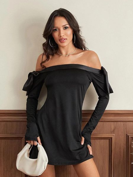 Abiti casual Wsevypo Abito vintage a trapezio nero vintage da donna Elegante fiocco con spalle scoperte Manica lunga svasato corto per abito da sera