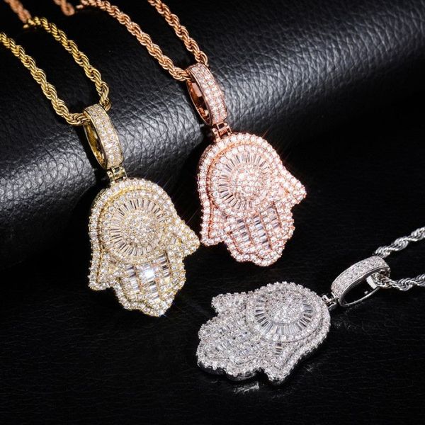 Hip hop colar de ouro fatima mão mau olhado sólido volta pingente colar gelado laboratório completo diamante masculino bling jóias gift337d