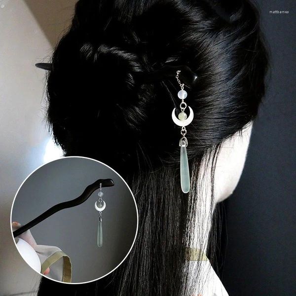 Fermagli per capelli Bastone con nappa in legno lunare per donne Ragazze Bacchette con clip in stile antico Accessori per gioielli cinesi Hanfu