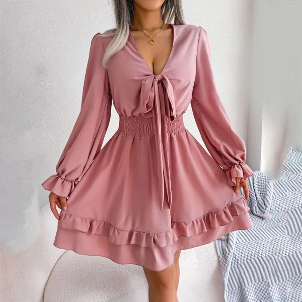 Casual Kleider Frauen Wrap V-ausschnitt, Figurbetontes Minikleid Puff Langarm Geraffte Asymmetrische Saum Party Kurze Midi Vestidos Mujer Roben