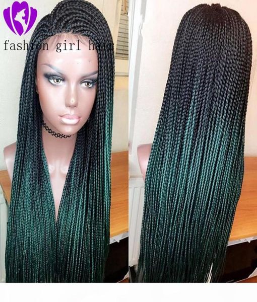 Longo ombre verde perucas trançadas caixa tranças perucas para mulheres peruca dianteira do laço sintético resistente ao calor fibra de cabelo peruca do laço 9934531