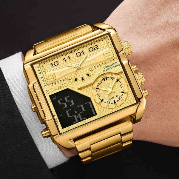 Boamigo marca superior de luxo moda relógios masculinos ouro aço inoxidável esporte quadrado digital analógico grande relógio quartzo para homem 211124238p
