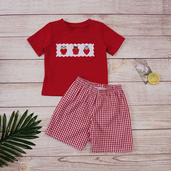 Set di abbigliamento Abiti per San Valentino Set di vestiti per neonati Set di ricami per animali T-shirt a maniche rosse Pantaloncini a reticolo Completo per 1-8T Babi