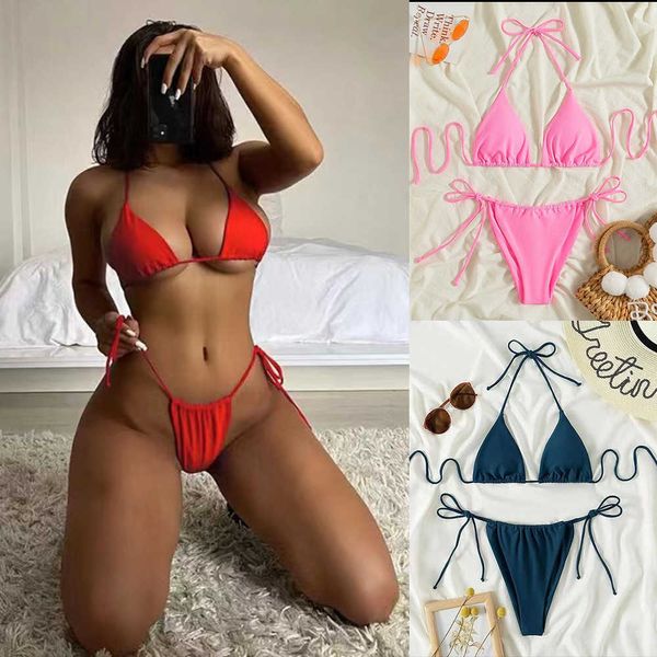 Costume da bagno bikini da donna a tre punti tinta unita costume da bagno bikini sexy a triangolo diviso