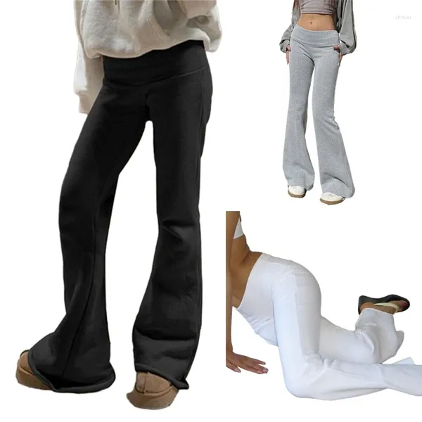 Damenhosen 50JB Damen-Leggings mit niedriger Taille, Fleece-gefüttert, dehnbar, Yoga, ausgestellter, umgeschlagener Bund, solide Leggings, thermische warme Jogginghose