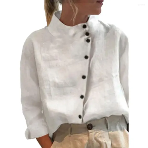 Damen-Blusen, Damen-Baumwoll-Button-Down-Hemd, elegante Vintage-Bluse mit Stehkragen und langen Ärmeln für weiches, atmungsaktives Pendeln