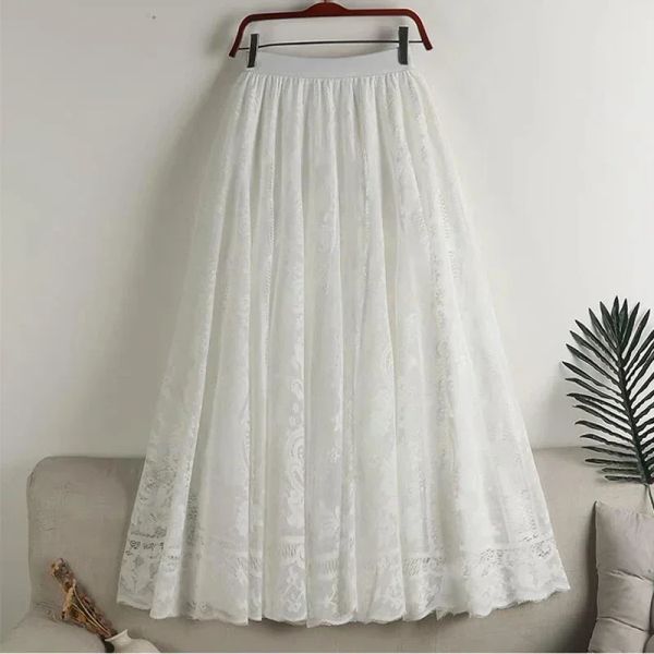 rock Häkeln Aushöhlen Spitze Langen Rock Frauen 2023 Frühling Sommer Vintage Elegante EINE Linie Hohe Taille Maxi Weibliche Weiß Z575