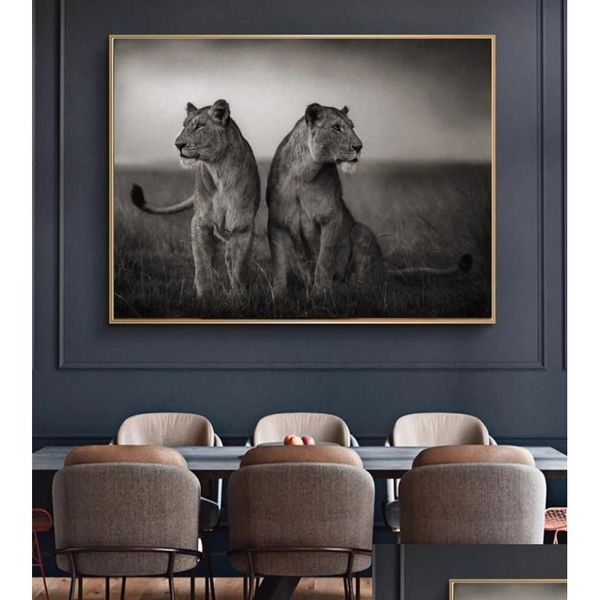 Gemälde Schwarz-Weiß-afrikanischer Löwe Wildtier Poster Drucke Landschaft Leinwand Malerei Kunst Natur Wandbild für Wohnzimmer4 Dh0Yu