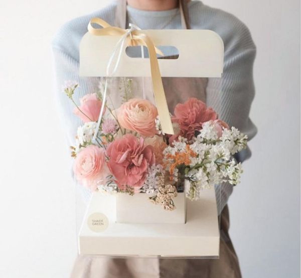 nuova confezione regalo trasparente per sacchetti di fiori trasparenti con manico, scatole di carta per bouquet per il matrimonio di San Valentino6707163