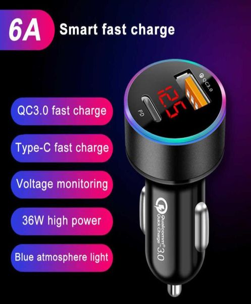 Caricabatteria da auto USB Mini Display LCD 30 Ricarica rapida 6A 36W Veloce per iPhone 12 Huawei Xiaomi Tipo C Telefono cellulare Car2372081