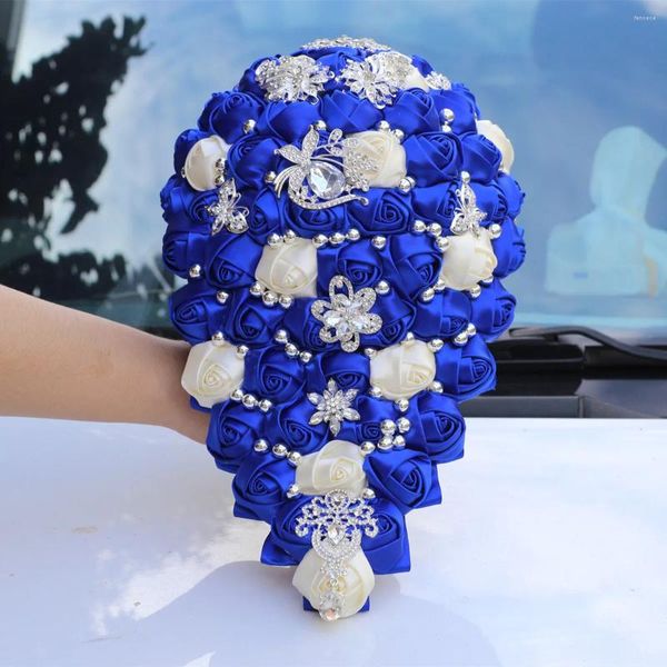 Fiori nuziali Bouquet da sposa a cascata Rosa artificiale con spille Mazzo a cascata Blu reale FE44