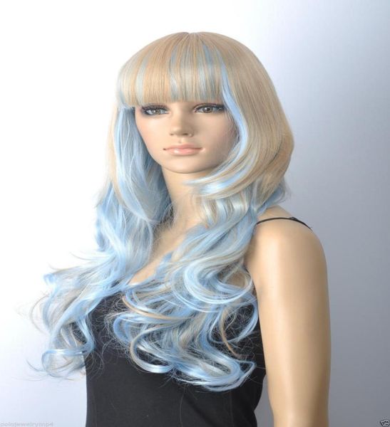 Nova alta qualidade moda imagem peruca gtgtnew mulheres cosplay céu azul loira mix perucas longas peruca encaracolada com franja4310240
