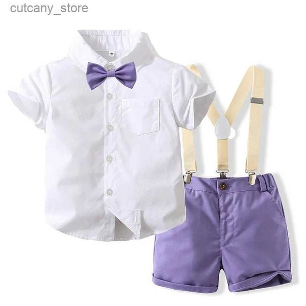 Camisetas Moda Bebê Menino Roupas Cavalheiro Terno Manga Curta Camisa Bowtie Tops + Suspensórios Shorts 2 Pcs Set Meninos Crianças Formais Roupas L240311