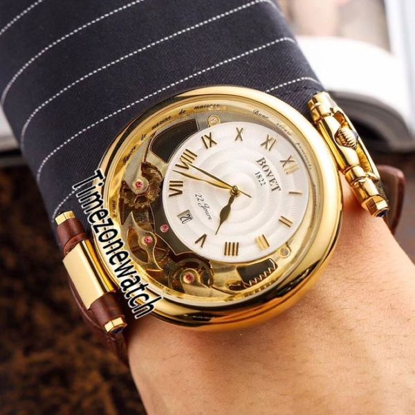 Bovet Amadeo Fleurier Grand Complicações Virtuoso Esqueleto Data Automática Ouro Amarelo Mostrador Dourado Relógio Masculino Couro Marrom Timezone315o